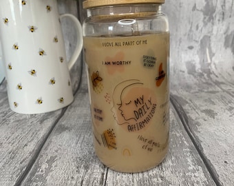 Daily Affirmations Glass Tumbler: 16oz Self Love Cup with Bamboo Lid