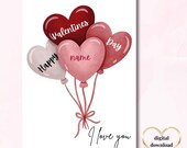Personalized Valentine's Day Card: Heart Balloons Design (Digital Download)