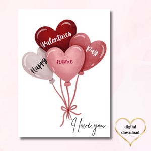 Biglietto di San Valentino – Personalizzato, Download Digitale, Design Palloncini a Cuore, Design Carino, Romantico, Regalo di San Valentino, Biglietto di San Valentino