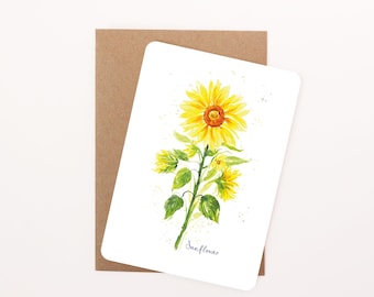 Sunflower Floral Postcard: Watercolour Illustration, Rounded Corners with Eco-Kraft Envelope