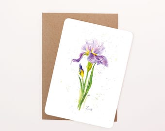 Iris Floral Postcard: Watercolour Illustration, Rounded Corners with Eco-Kraft Envelope
