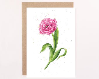 Tulip, Dark Pink Floral Greetings Card: Watercolour Tulip Card, Birthday Card, Pink Tulip