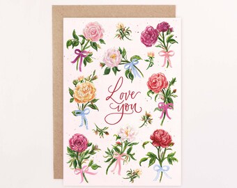 Love You English Garden Rose Floral Greetings Card: Illustrated Bows & Roses, Romance and Friendship, Anniversary, Proposal.