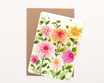 Dahlia Floral Postcard: Watercolour Illustration, Rounded Corners with Eco-Kraft Envelope