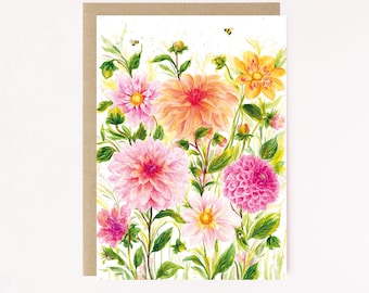 Dahlias In Bloom Floral Greetings Card: Watercolour Birthday Card, Dahlia Card