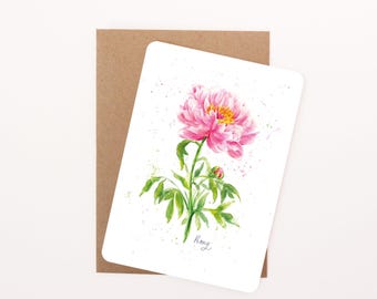 Peony Floral Postcard: Watercolour Illustration, Rounded Corners with Eco-Kraft Envelope