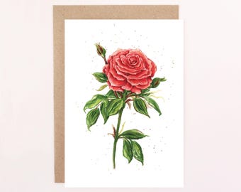 English Garden Red Rose Floral Greetings Card: Watercolour Rose Card, Birthday Card, Red Rose, Love Card, Anniversary, Proposal.