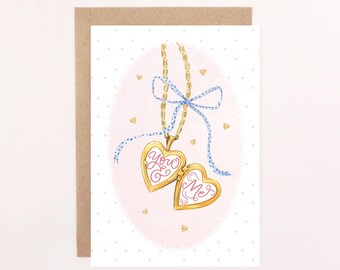 You & Me Locket and Bow Greetings Card: Romance and Friendship, Valentine's Day, Anniversary, Proposal.