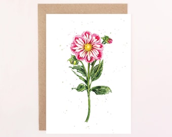 Dahlia Bumble Rumble Greetings Card: Watercolour Dahlia Card, Birthday Card
