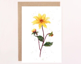 Dahlia Bishop Of York Greetings Card: Watercolour Dahlia Card, Birthday Card