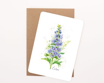 Larkspur Floral Postcard: Watercolour Illustration, Rounded Corners with Eco-Kraft Envelope