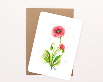 Poppy Floral Postcard: Watercolour Illustration, Rounded Corners with Eco-Kraft Envelope