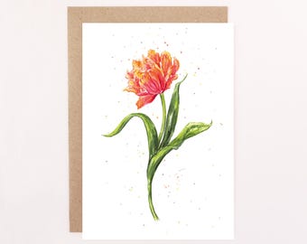 Tulip, Orange Floral Greetings Card: Watercolour Tulip Card, Birthday Card, Parrot Tulip