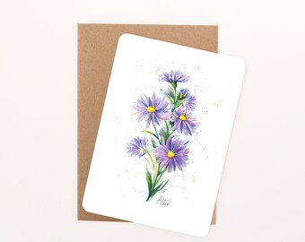 Aster Floral Postcard: Watercolour Illustration, Rounded Corners with Eco-Kraft Envelope