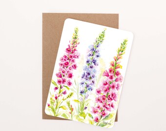 Foxglove Floral Postcard: Watercolour Illustration, Rounded Corners with Eco-Kraft Envelope
