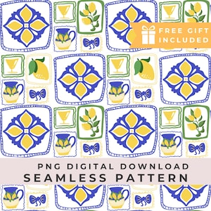 Patrón de azulejos de limón de la Costa Amalfitana: Clipart de acuarela, PNG sin costuras (Descarga digital)