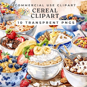 Watercolor Cereal Clipart Set  and food art Sublimation Digital Download for Crafts & More