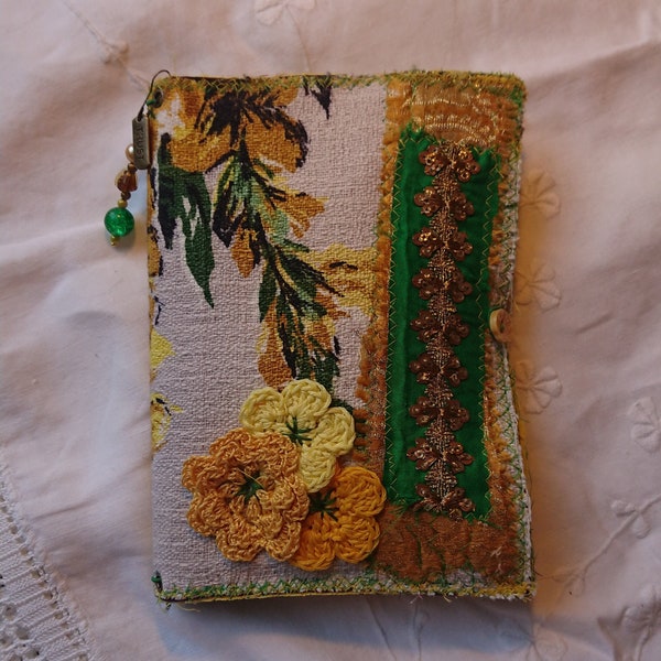 B6 handmade fabric TRAVELLER'S NOTEBOOK & INSERTS Zipper-de-do-dah#3, embellished journal cover w/pocket, Handmade ephemera, junk journal