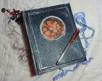 hardcover junk journal #10 MIDNIGHT FLOWERS, curved spine handmade book, art journal, blue orange purple, frankenstitched