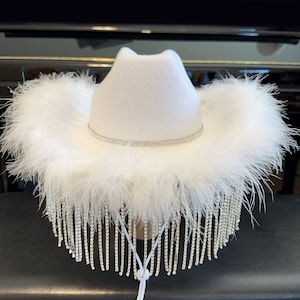 Diamond Rhinestone Fringe Cowboy Hat, Rhinestone Cowgirl Hat with Feather Boa and Hat band, Nashville ,Bride outfit