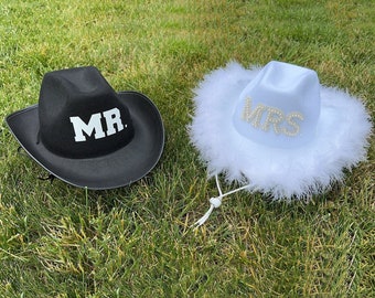 Mrs & Mr Cowboy Hat, Wedding Party Hat,Nashville Bachelorette Party, Rhinestone Cowgirl Hat