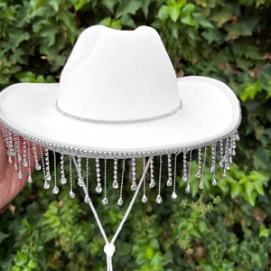 White Diamond Cowboy Hat with Double Rhinestone band,Bachelorette Bride Hat,White Rhinestone Fringe Cowboy / Cowgirl hat Diamond Fringe