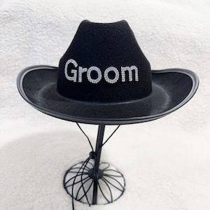 Black Groom Cowboy Hat Cowgirl Hat with Rhinestone,Bachelorette Bride Hat, Western Wedding Party Hat (Customized)