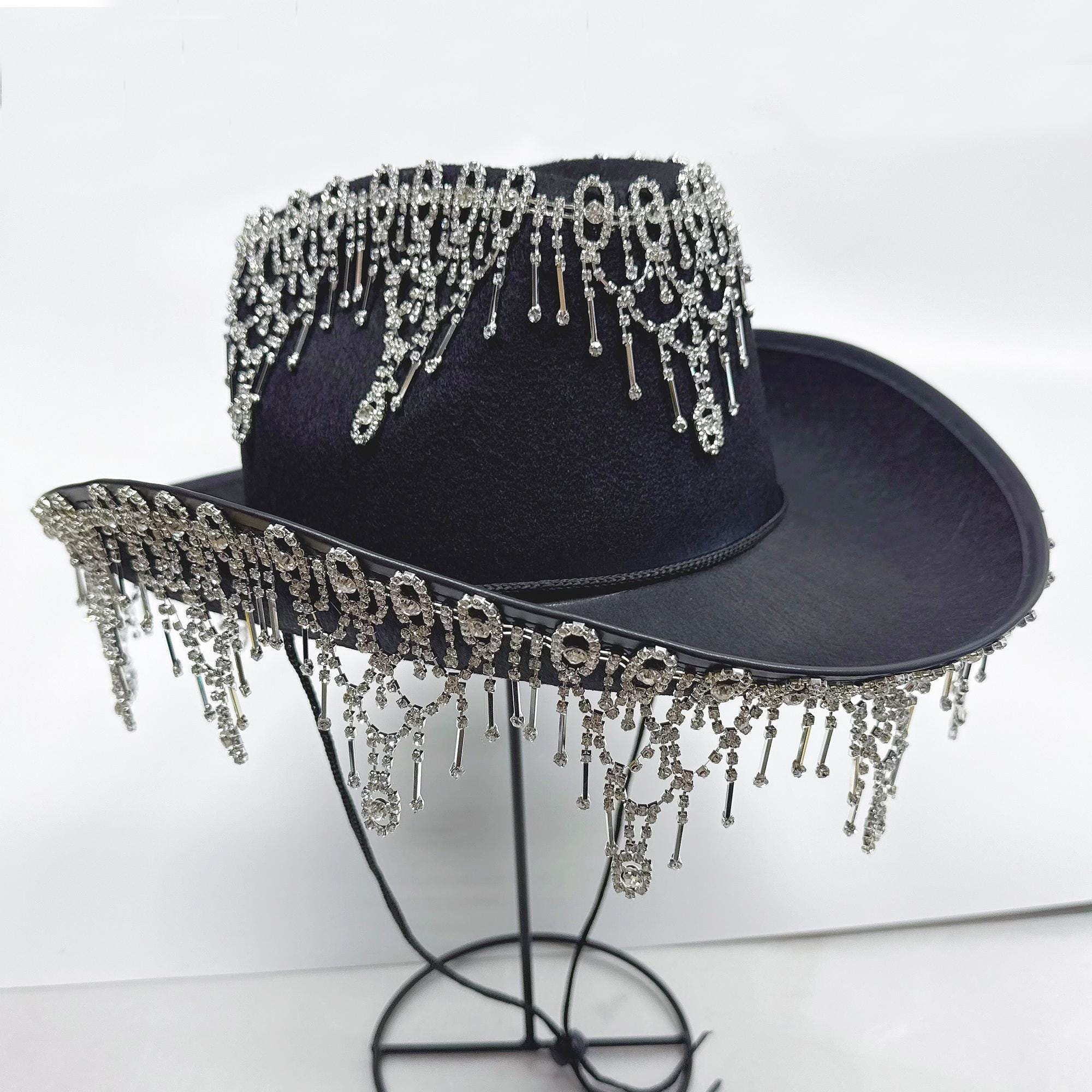 Fringe Rhinestone Cowboy Fedora Hat for Western Party Music Festival One Size Cowgirl rhinestone fringe hat black / Western cowboy hat black main image 3