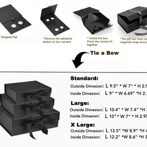Puede incluir: Tres cajas de regalo negras con lazos de cinta negra. Las cajas est&aacute;n etiquetadas como "Standard", "Large" y "X Large" con dimensiones en pulgadas. El texto "Tie a Bow" est&aacute; en la parte superior de la imagen.