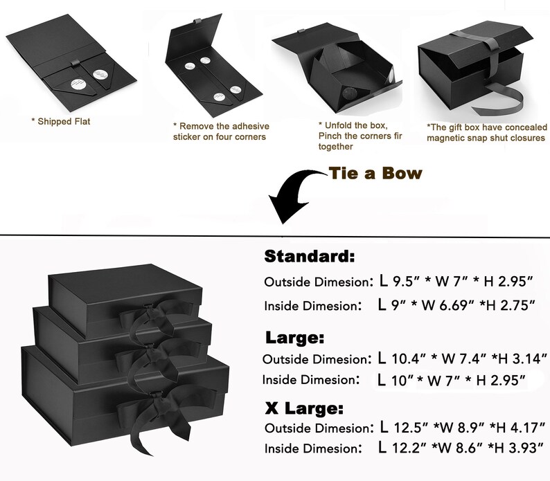 Puede incluir: Tres cajas de regalo negras con lazos de cinta negra. Las cajas est&aacute;n etiquetadas como "Standard", "Large" y "X Large" con dimensiones en pulgadas. El texto "Tie a Bow" est&aacute; en la parte superior de la imagen.