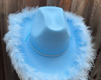 Blue Rhinestone Fringe Cowboy Hat, Feather Boa Cowgirl Hat  display picture 2