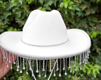 White Diamond Cowboy Hat with Double Rhinestone band,Bachelorette Bride Hat,White Rhinestone Fringe Cowboy / Cowgirl hat Diamond Fringe