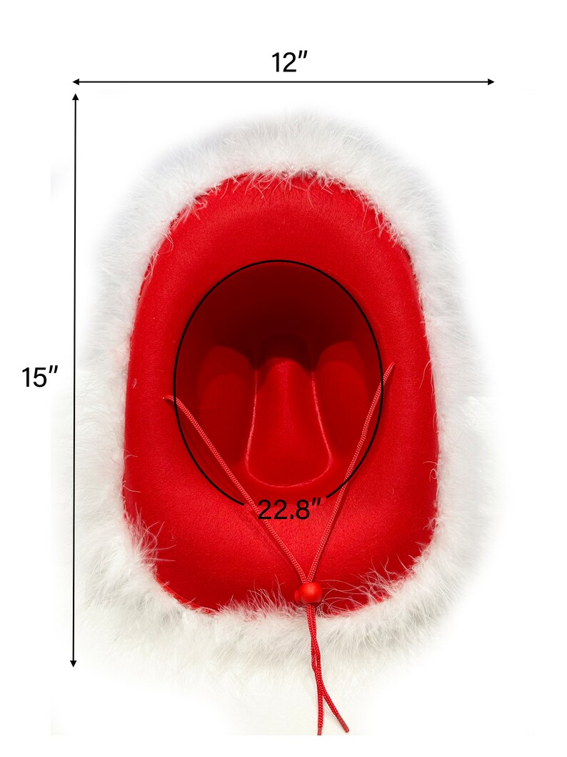 May include: Red cowboy hat with a white faux fur trim. The hat is 12 inches tall and 22.8 inches in circumference.