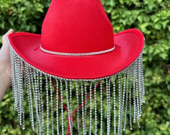 Red Rhinestone Fringe Cowboy Hat, Rhinestone Cowgirl Hat  display picture 1