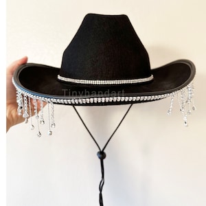 Black bride hat with Diamond Fringe,Front Open, Bridal shower hat, cowboy wedding,  Cowboy Hat bridal shower hat western wedding