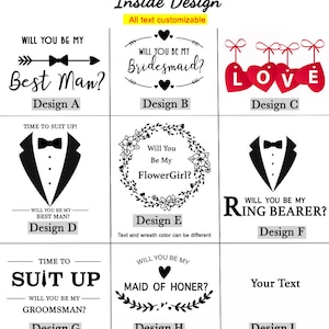 Puede incluir: Nueve dise&ntilde;os diferentes para una invitaci&oacute;n de boda. Los dise&ntilde;os presentan textos como "&iquest;Quieres ser mi padrino?" y "&iquest;Quieres ser mi dama de honor?" Los dise&ntilde;os tambi&eacute;n incluyen ilustraciones de un esmoquin, un coraz&oacute;n y una corona.