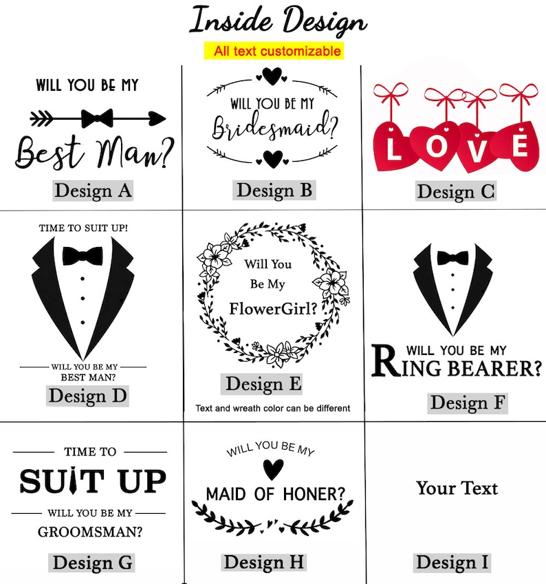 Puede incluir: Nueve dise&ntilde;os diferentes para una invitaci&oacute;n de boda. Los dise&ntilde;os presentan textos como "&iquest;Quieres ser mi padrino?" y "&iquest;Quieres ser mi dama de honor?" Los dise&ntilde;os tambi&eacute;n incluyen ilustraciones de un esmoquin, un coraz&oacute;n y una corona.