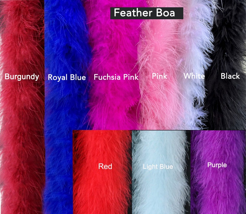 May include: Assortment of feather boas in various colors, including burgundy, royal blue, fuchsia pink, pink, white, black, red, light blue, and purple.  Feather Boa.