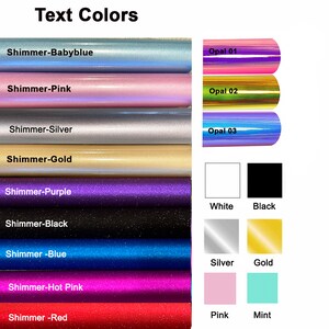 Puede incluir: Una tabla que muestra diferentes colores de vinilo para proyectos de manualidades. Los colores incluyen azul beb&eacute;, rosa, plata, oro, morado, negro, azul, rosa intenso, rojo, blanco, negro, plata, oro, rosa y menta.