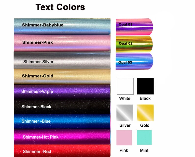 Puede incluir: Una tabla que muestra diferentes colores de vinilo para proyectos de manualidades. Los colores incluyen azul beb&eacute;, rosa, plata, oro, morado, negro, azul, rosa intenso, rojo, blanco, negro, plata, oro, rosa y menta.