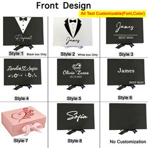 Puede incluir: Nueve estilos diferentes de cajas de regalo para una boda u otra ocasi&oacute;n especial. Las cajas son negras, blancas o rosas y presentan varios dise&ntilde;os, incluyendo un esmoquin, un coraz&oacute;n con las palabras "Love" y "Live", y una rosa. El texto en las cajas es personalizable.