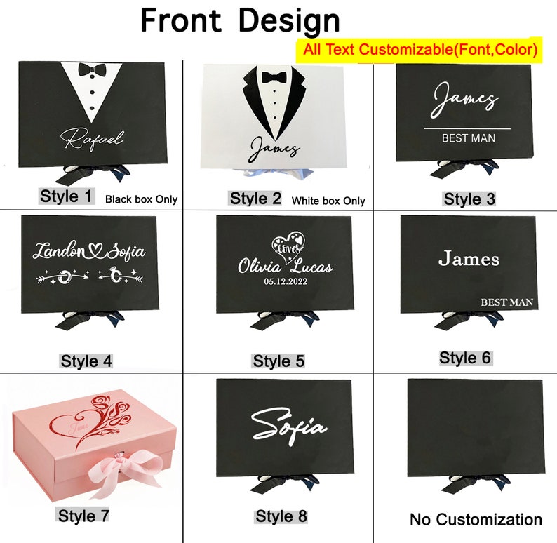 Puede incluir: Nueve estilos diferentes de cajas de regalo para una boda u otra ocasi&oacute;n especial. Las cajas son negras, blancas o rosas y presentan varios dise&ntilde;os, incluyendo un esmoquin, un coraz&oacute;n con las palabras "Love" y "Live", y una rosa. El texto en las cajas es personalizable.