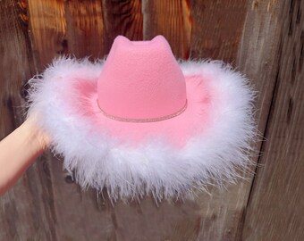 Chapeau Cowboy Carolilly – Feutre Pailleté, Large Bord, Plumes Et Strass, Disco, Halloween, Western, Pour Femmes