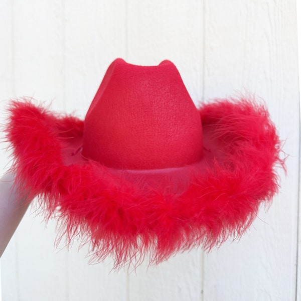 Red Cowboy Hat with Feather Boa, Western Hat, Bachelorette, Felt Hat, Rodeo Party,Christmas Cowboy, Nashville Concert Hat