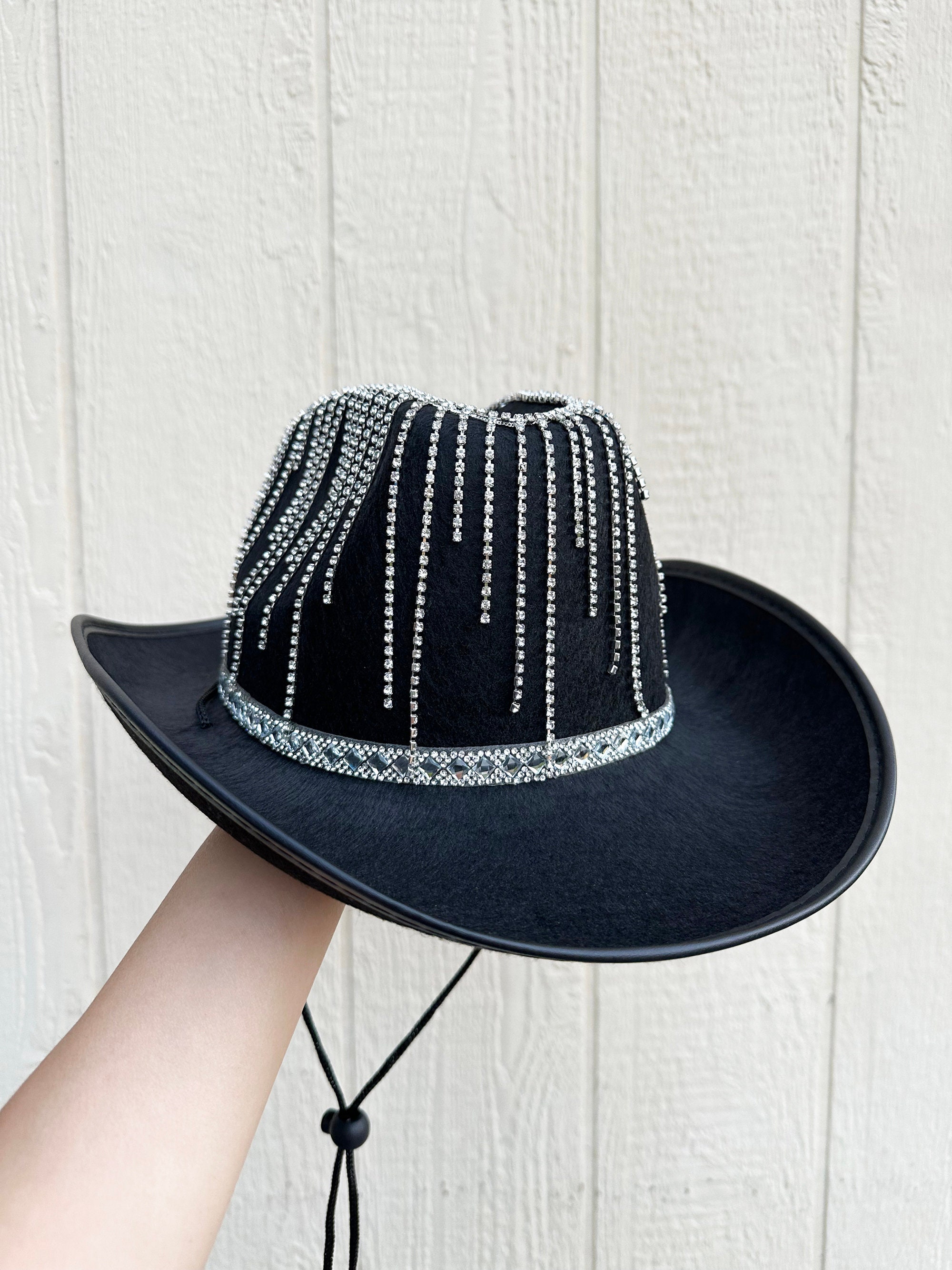 2967 Women\'s Western Cowboy Hat Rhinestone Wide Brim Cowgirl Hat Black CXQRR Glitter Silver Black Cowboy Hats for Women - Western  main image 4