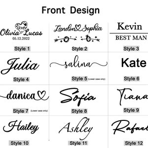 Puede incluir: Un gr&aacute;fico que muestra 12 estilos de texto diferentes para nombres, incluyendo un coraz&oacute;n, una flecha y un anillo. El texto dice "Front Design".