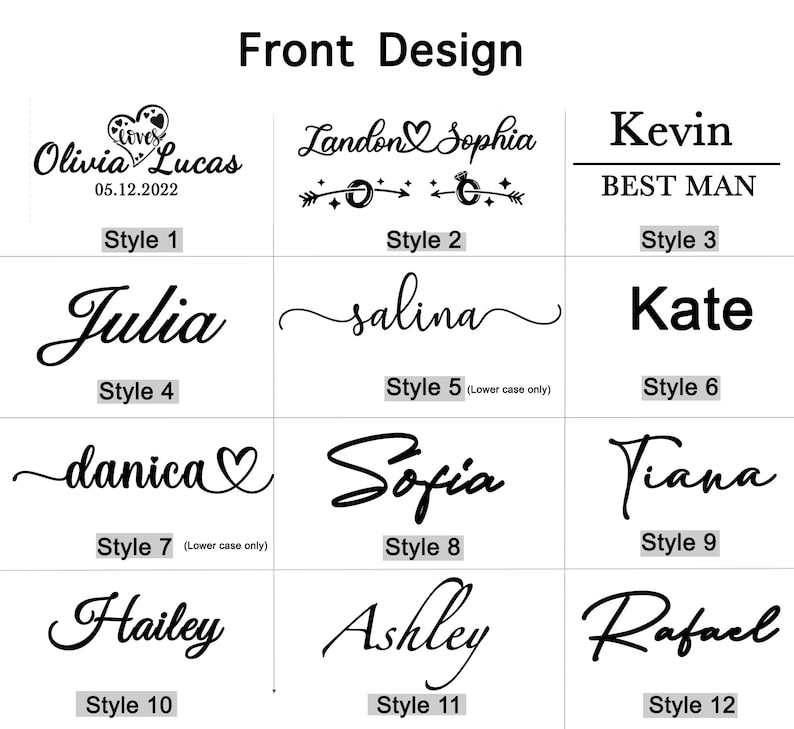 Puede incluir: Un gr&aacute;fico que muestra 12 estilos de texto diferentes para nombres, incluyendo un coraz&oacute;n, una flecha y un anillo. El texto dice "Front Design".
