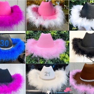 Custom Cowboy Hat with Feather, Pink, White, Black Cowgirl Hat Western Bachelorette Party, Beach,Summer Hat,Wedding, Bride Cowgirl Hat