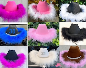 Custom Cowboy Hat with Feather, Pink, White, Black Cowgirl Hat Western Bachelorette Party, Beach,Summer Hat,Wedding, Bride Cowgirl Hat