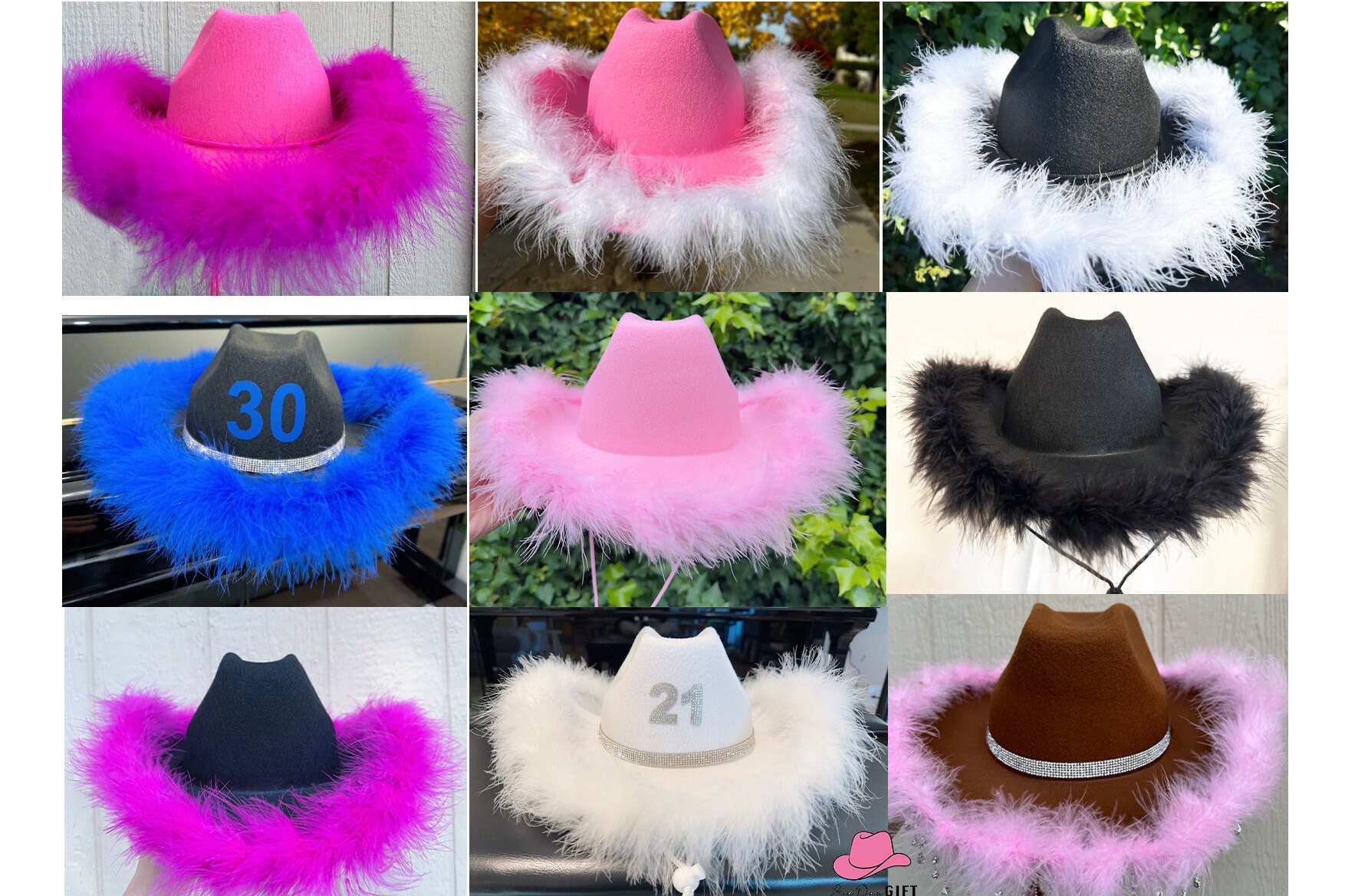Custom Cowboy Hat With Feather, Pink, White, Black Cowgirl 